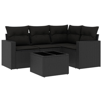 5 Piece Garden Sofa Set with Cushions Black Poly Rattan