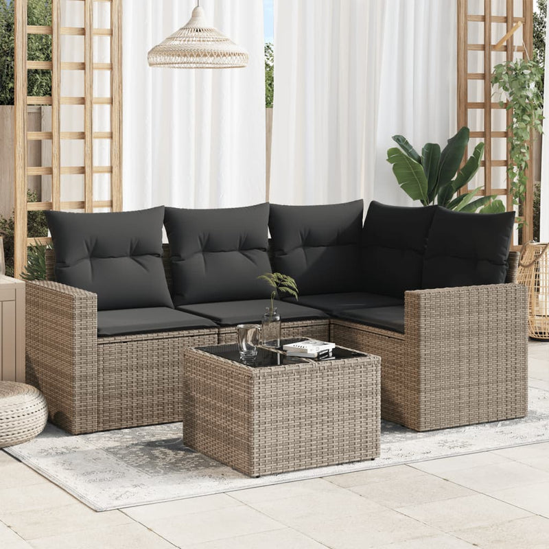 5 Piece Garden Sofa Set with Cushions Grey Poly Rattan