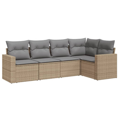 5 Piece Garden Sofa Set with Cushions Beige Poly Rattan