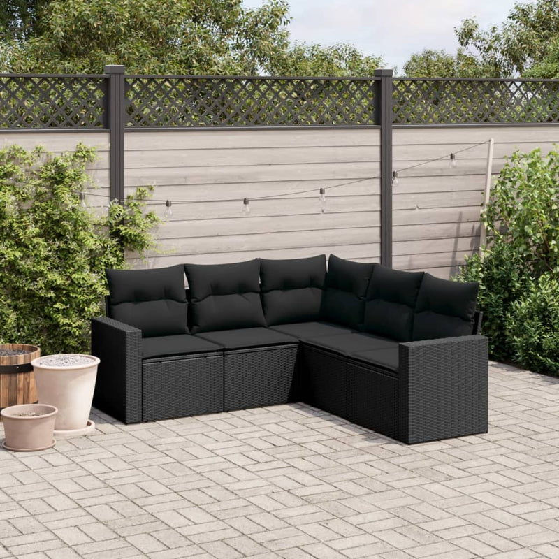 5 Piece Garden Sofa Set with Cushions Black Poly Rattan