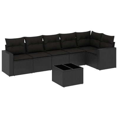 7 Piece Garden Sofa Set with Cushions Black Poly Rattan