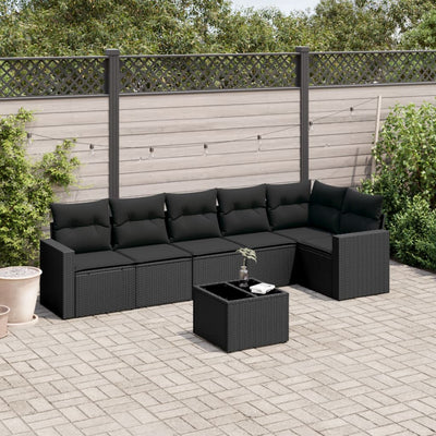 7 Piece Garden Sofa Set with Cushions Black Poly Rattan