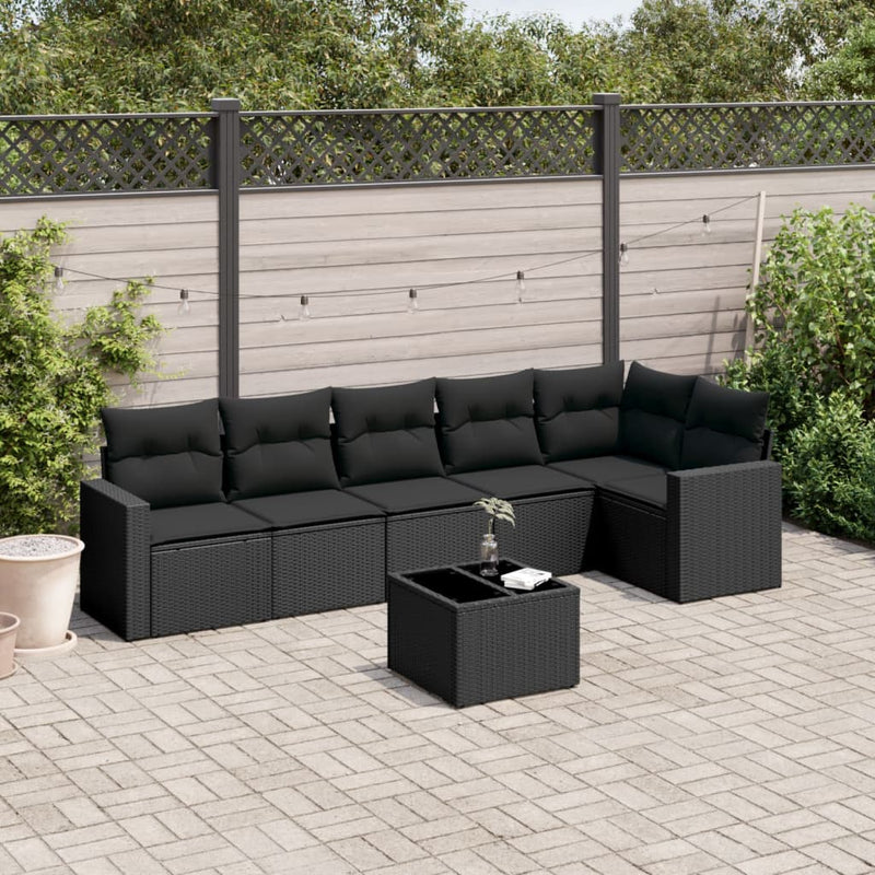 7 Piece Garden Sofa Set with Cushions Black Poly Rattan