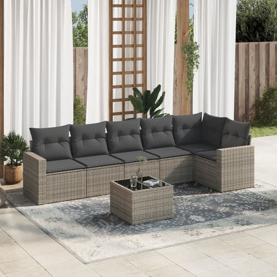 7 Piece Garden Sofa Set with Cushions Grey Poly Rattan