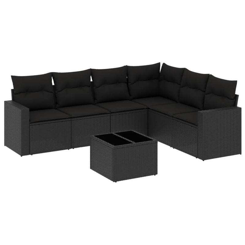 7 Piece Garden Sofa Set with Cushions Black Poly Rattan