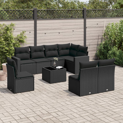 9 Piece Garden Sofa Set with Cushions Black Poly Rattan