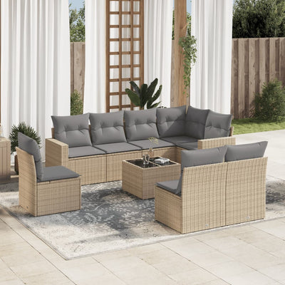 9 Piece Garden Sofa Set with Cushions Beige Poly Rattan