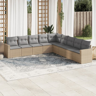 9 Piece Garden Sofa Set with Cushions Beige Poly Rattan