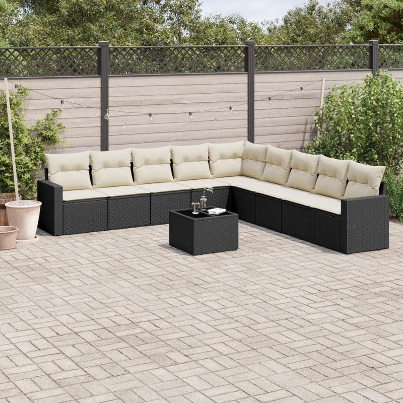 10 Piece Garden Sofa Set with Cushions Black Poly Rattan