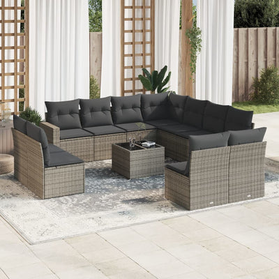 12 Piece Garden Sofa Set with Cushions Grey Poly Rattan