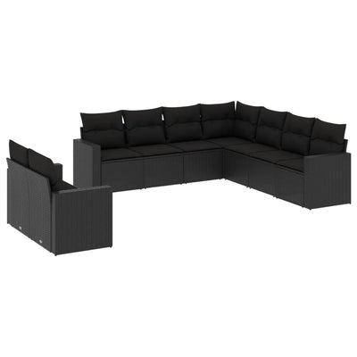 9 Piece Garden Sofa Set with Cushions Black Poly Rattan