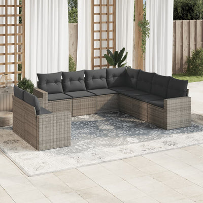 9 Piece Garden Sofa Set with Cushions Grey Poly Rattan