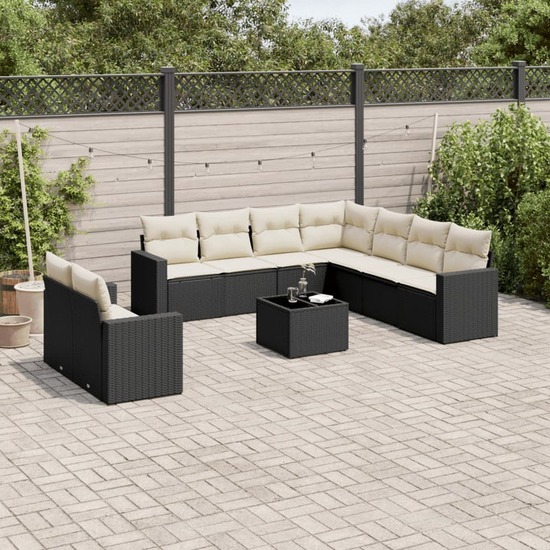 10 Piece Garden Sofa Set with Cushions Black Poly Rattan