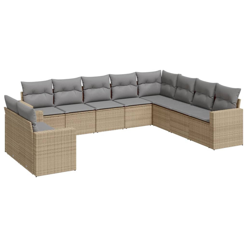 10 Piece Garden Sofa Set with Cushions Beige Poly Rattan