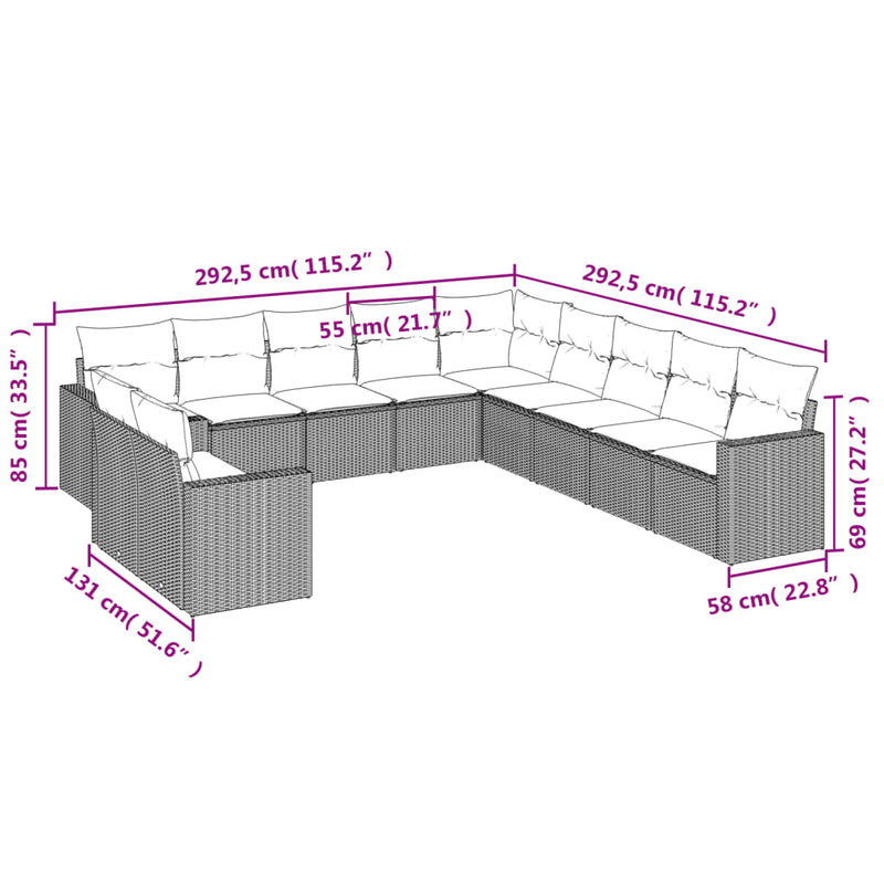 11 Piece Garden Sofa Set with Cushions Beige Poly Rattan