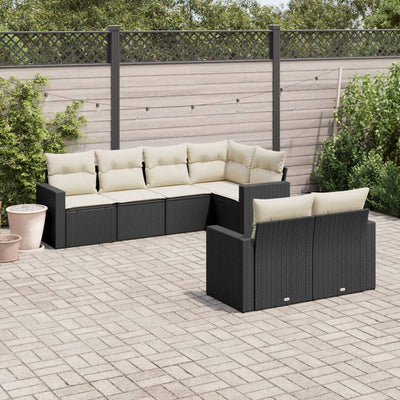 7 Piece Garden Sofa Set with Cushions Black Poly Rattan