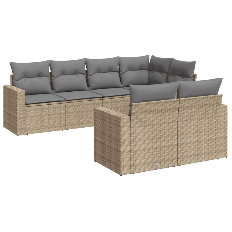 7 Piece Garden Sofa Set with Cushions Beige Poly Rattan