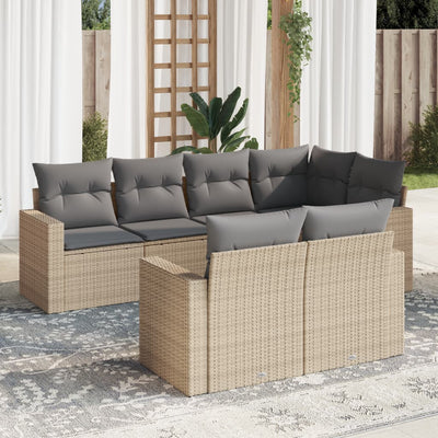 7 Piece Garden Sofa Set with Cushions Beige Poly Rattan