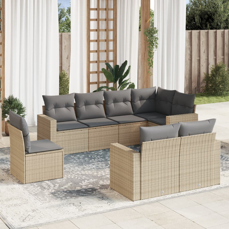 8 Piece Garden Sofa Set with Cushions Beige Poly Rattan