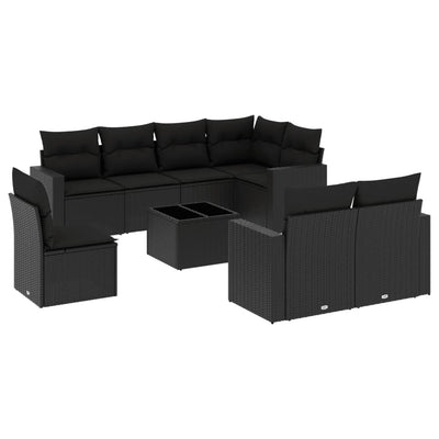 9 Piece Garden Sofa Set with Cushions Black Poly Rattan