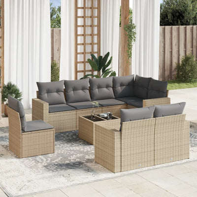 9 Piece Garden Sofa Set with Cushions Beige Poly Rattan