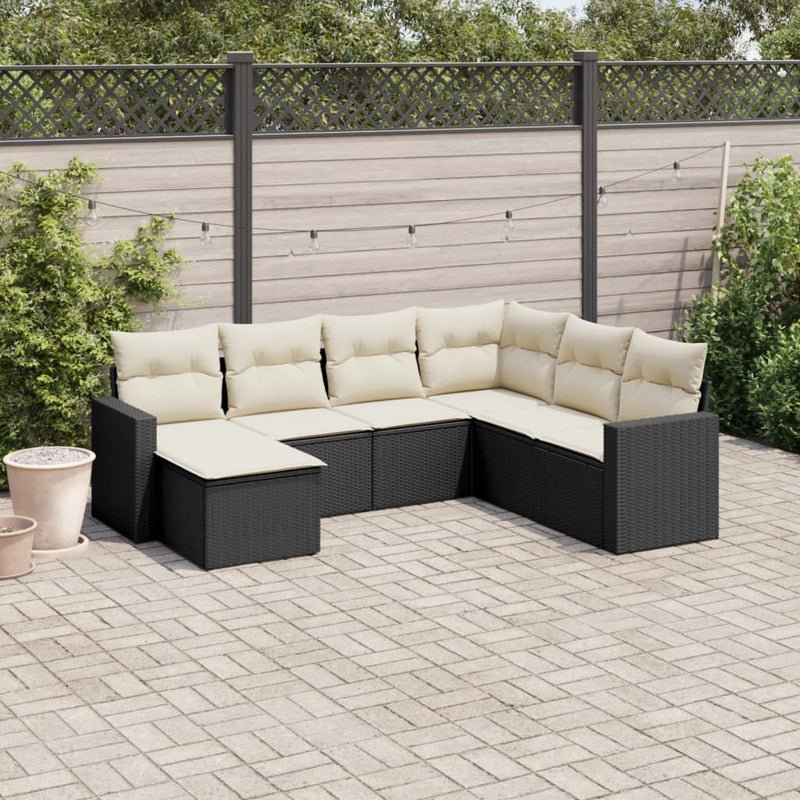 7 Piece Garden Sofa Set with Cushions Black Poly Rattan