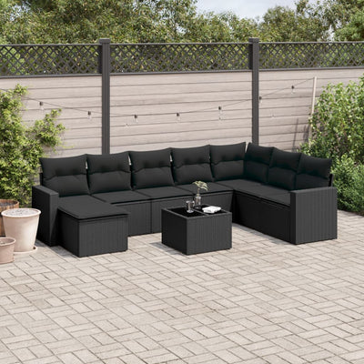 9 Piece Garden Sofa Set with Cushions Black Poly Rattan