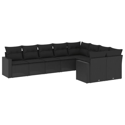 9 Piece Garden Sofa Set with Cushions Black Poly Rattan