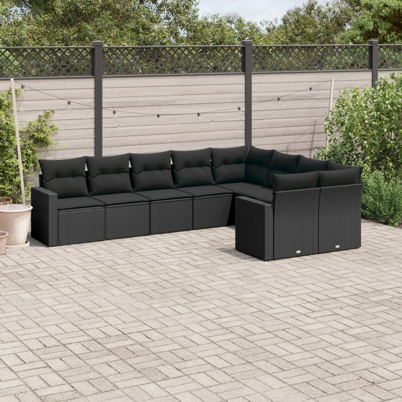 9 Piece Garden Sofa Set with Cushions Black Poly Rattan