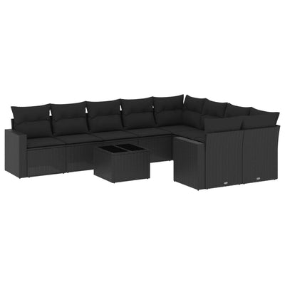 10 Piece Garden Sofa Set with Cushions Black Poly Rattan