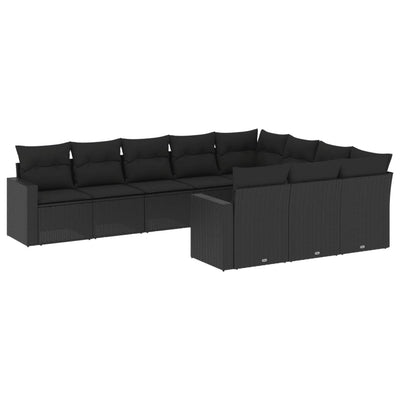 10 Piece Garden Sofa Set with Cushions Black Poly Rattan