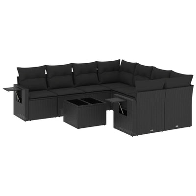 9 Piece Garden Sofa Set with Cushions Black Poly Rattan