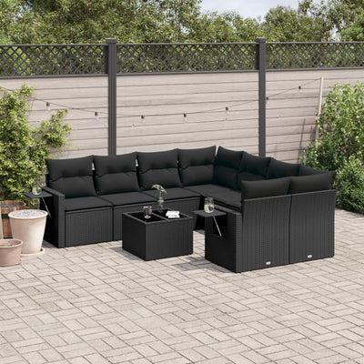 9 Piece Garden Sofa Set with Cushions Black Poly Rattan