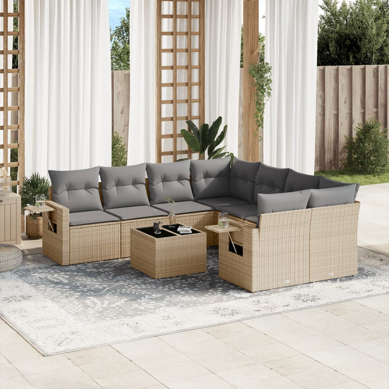 9 Piece Garden Sofa Set with Cushions Beige Poly Rattan