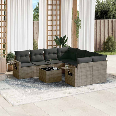 9 Piece Garden Sofa Set with Cushions Grey Poly Rattan