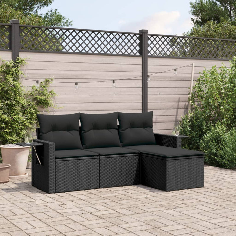 4 Piece Garden Sofa Set with Cushions Black Poly Rattan