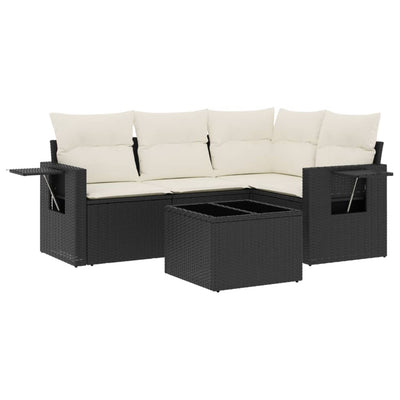 5 Piece Garden Sofa Set with Cushions Black Poly Rattan