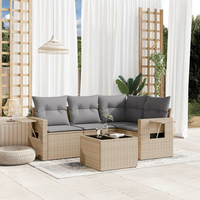 5 Piece Garden Sofa Set with Cushions Beige Poly Rattan