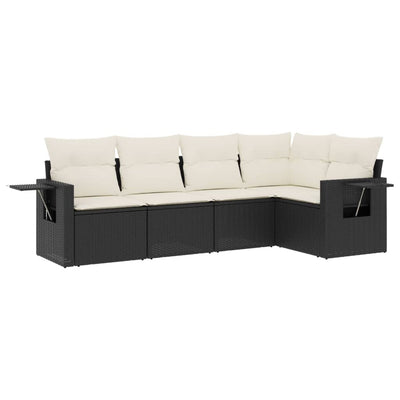 5 Piece Garden Sofa Set with Cushions Black Poly Rattan