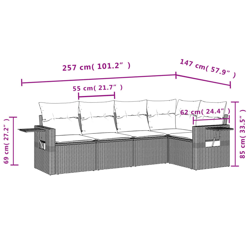 5 Piece Garden Sofa Set with Cushions Beige Poly Rattan