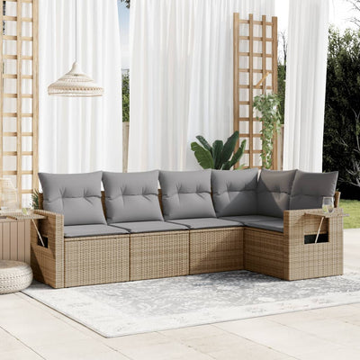 5 Piece Garden Sofa Set with Cushions Beige Poly Rattan