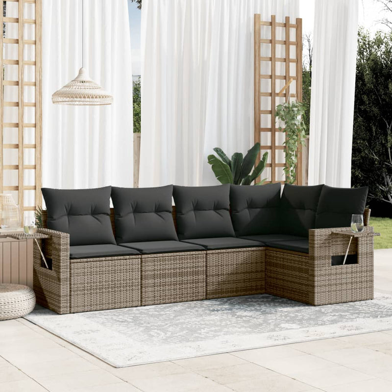 5 Piece Garden Sofa Set with Cushions Grey Poly Rattan