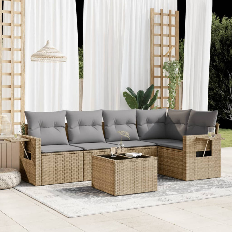 6 Piece Garden Sofa Set with Cushions Beige Poly Rattan