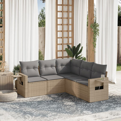 5 Piece Garden Sofa Set with Cushions Beige Poly Rattan