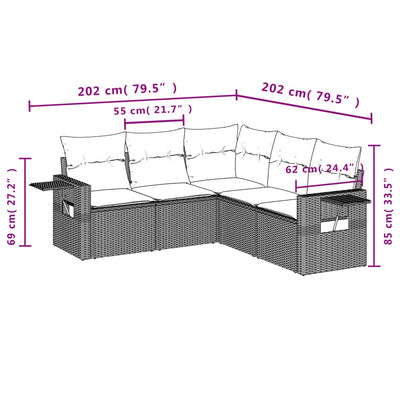 5 Piece Garden Sofa Set with Cushions Grey Poly Rattan