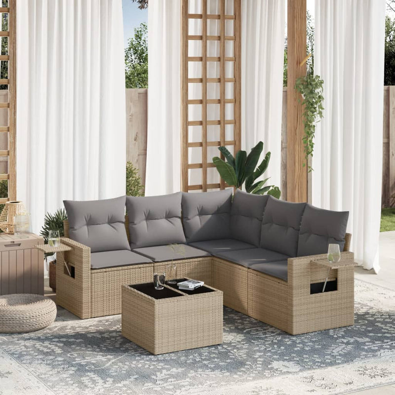 6 Piece Garden Sofa Set with Cushions Beige Poly Rattan