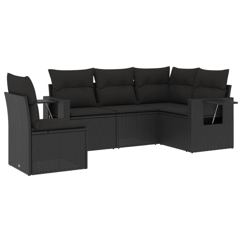 5 Piece Garden Sofa Set with Cushions Black Poly Rattan