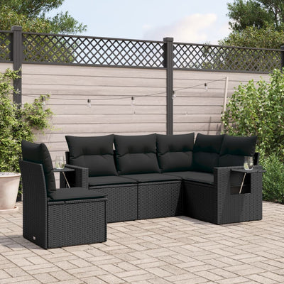 5 Piece Garden Sofa Set with Cushions Black Poly Rattan