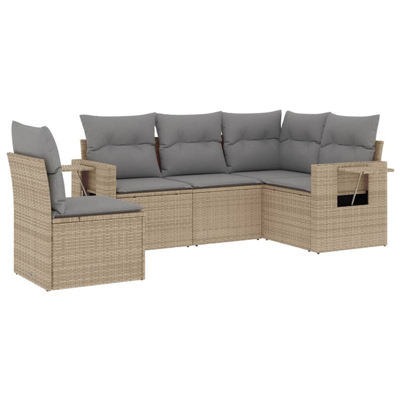 5 Piece Garden Sofa Set with Cushions Beige Poly Rattan