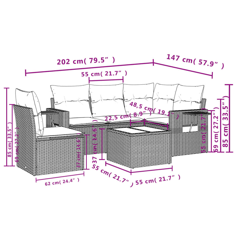 6 Piece Garden Sofa Set with Cushions Beige Poly Rattan